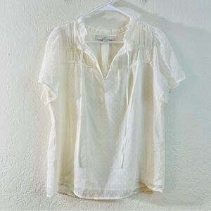 Loft Ruffle Neckline Short Sleeve Blouse Women Size Small White